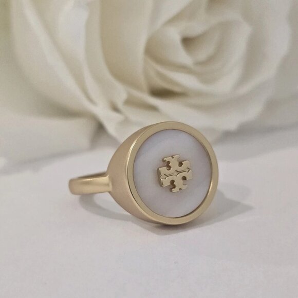 Tory Burch Mother Of Pearl And Logo Ring Size 7 - Picture 2 of 12